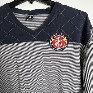 Vtg‎ Avirex XL Navy Stripe Patchwork V-Neck T-Shirt Nautical Crest Logo Y2K
